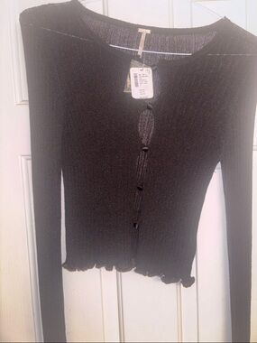 Free People Brown Ribbed Button-Up Crop Cardigan